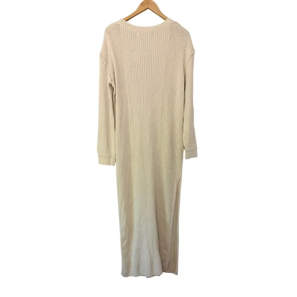 Free People FP Beach Cotton Ribbed Sweater Maxi Henley Dress Cream Size Large